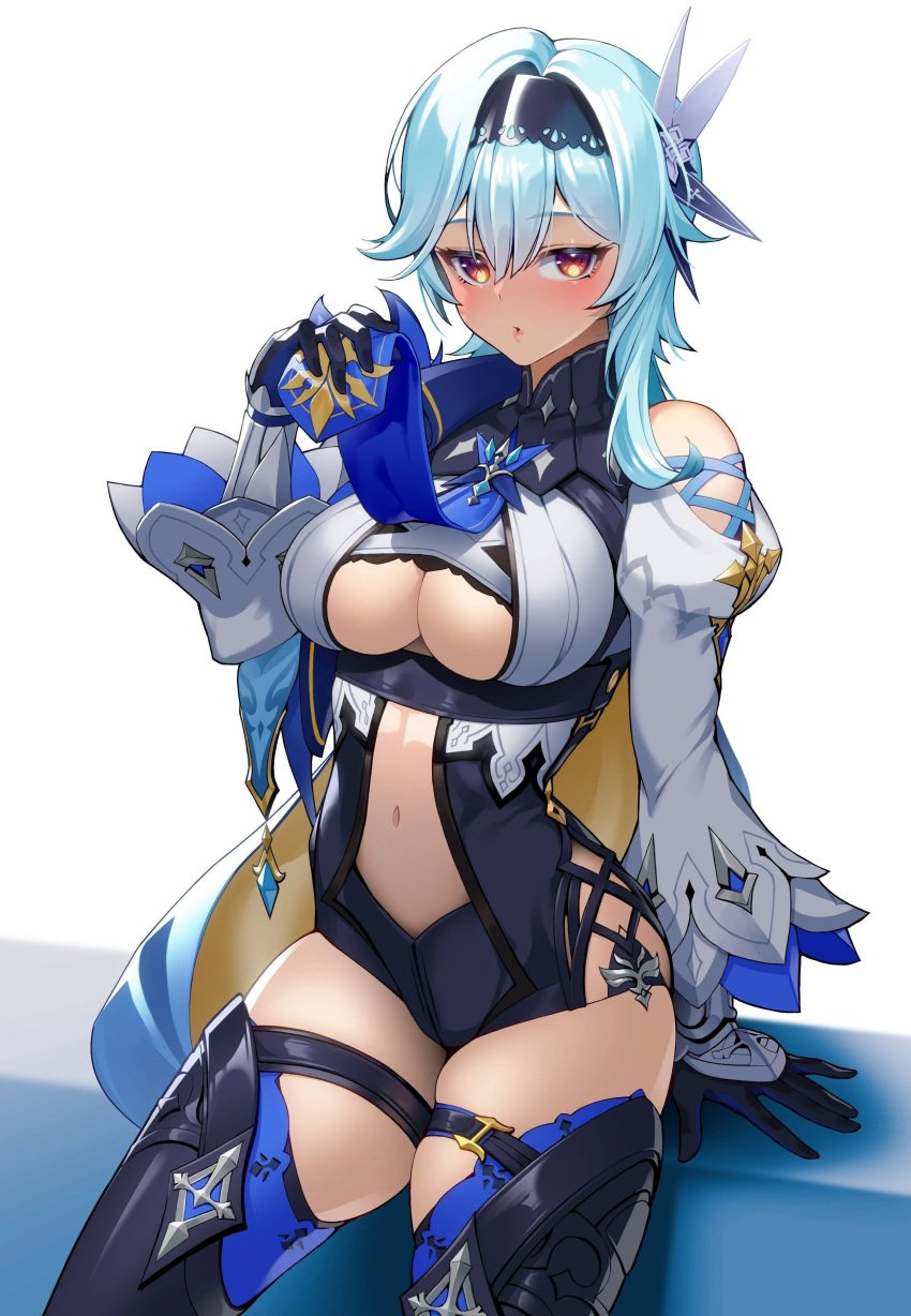 1girls big_breasts blue_hair blush boob_window boots breasts cleavage cleavage_cutout clothed eula_(genshin_impact) female genshin_impact hi_res human necktie revealing_clothes saruchitan skindentation solo thick_thighs thigh_boots thighhigh_boots