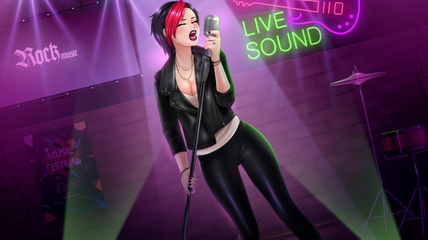 1girls black_hair fap_ceo judy_(fap_ceo) leather_jacket microphone nutaku red_hair tagme