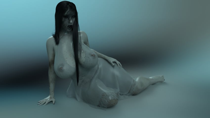 3d 4k black_hair black_lipstick curvy curvy_female curvy_figure dirty eromd ghost gradient_background hair_over_eyes lipstick presenting presenting_breasts seductive_look solo_female solo_focus the_ring thick_lips tongue_in_mouth wet wet_clothes wet_hair wet_skin yamamura_sadako