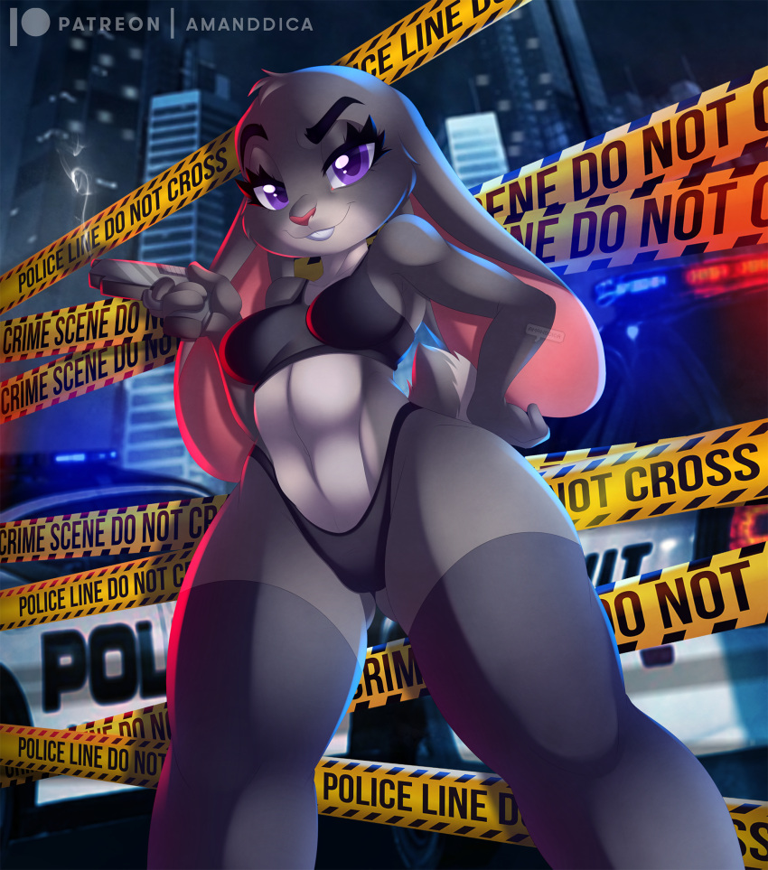 amanddica ass big_ass black_panties bra bunny_ear crime_scene disney gun judy_hopps large_ass looking_at_viewer medium_breasts panties police_car public purple_eyes raised_eyebrow sexually_suggestive smirk stockings thick_thighs thighhighs wide_hips zootopia