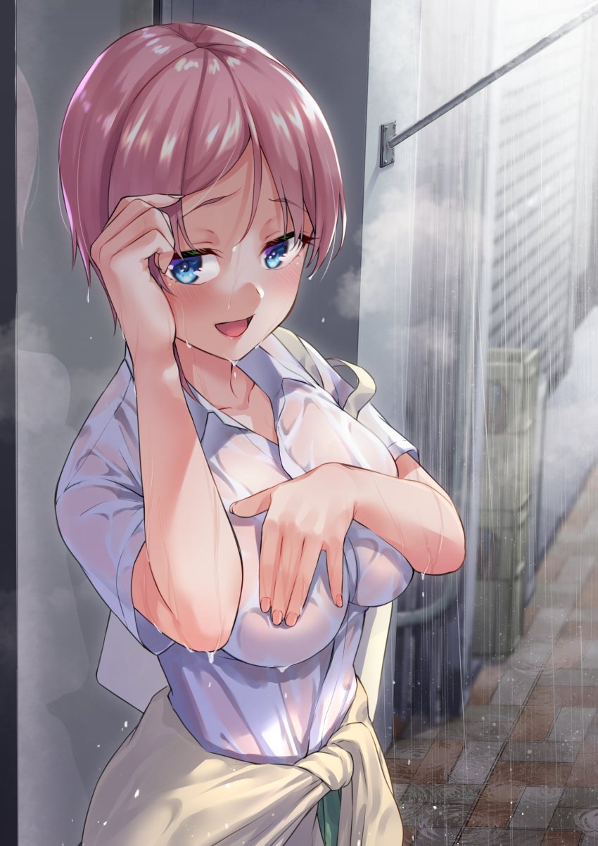 1girls absurdres bag blue_eyes blush breasts clothes_around_waist collarbone collared_shirt covering covering_breasts female female_only fully_clothed go-toubun_no_hanayome hair_tucking highres impossible_clothes impossible_shirt kinoe_tsuki large_breasts looking_at_viewer nakano_ichika no_underwear open_mouth pink_hair rain see-through shiny shiny_hair shirt short_hair short_sleeves shoulder_bag smile solo solo_female solo_focus sweater sweater_around_waist wet wet_clothes wet_shirt white_shirt