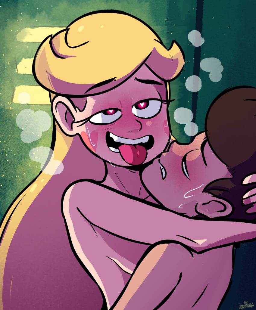 1boy 1boy1girl 1girls ahe_gao ambiguous_penetration blonde_hair brown_hair heart-shaped_pupils heart_cheeks locker male marco_diaz nude ounpaduia pleasure_face sideboob star_butterfly star_vs_the_forces_of_evil steam sweat tongue_out