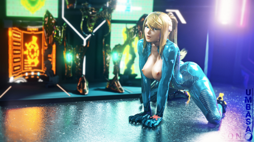 1girls 3d all_fours areolae ass beauty_mark blonde_hair blue_eyes bodysuit breast_out breasts female female_only heels highres kneeling large_breasts looking_at_viewer metroid nintendo nipples parted_lips pinup_pose ponytail posing samus_aran seductive shiny_clothes skin_tight solo son_umbasa super_smash_bros. tight_clothing unzipped unzipped_zero_suit wallpaper zero_suit zero_suit_samus