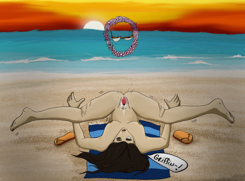 anus ass beach beach_sex female flip-flops floating_object flower_necklace genitals glasses griffin_(hotel_transylvania) hotel_transylvania invisible_man invisible_penis male naked nude oc ocean pussy pussy_juice pussy_juice_drip sand sunset vagina vaginal_penetration