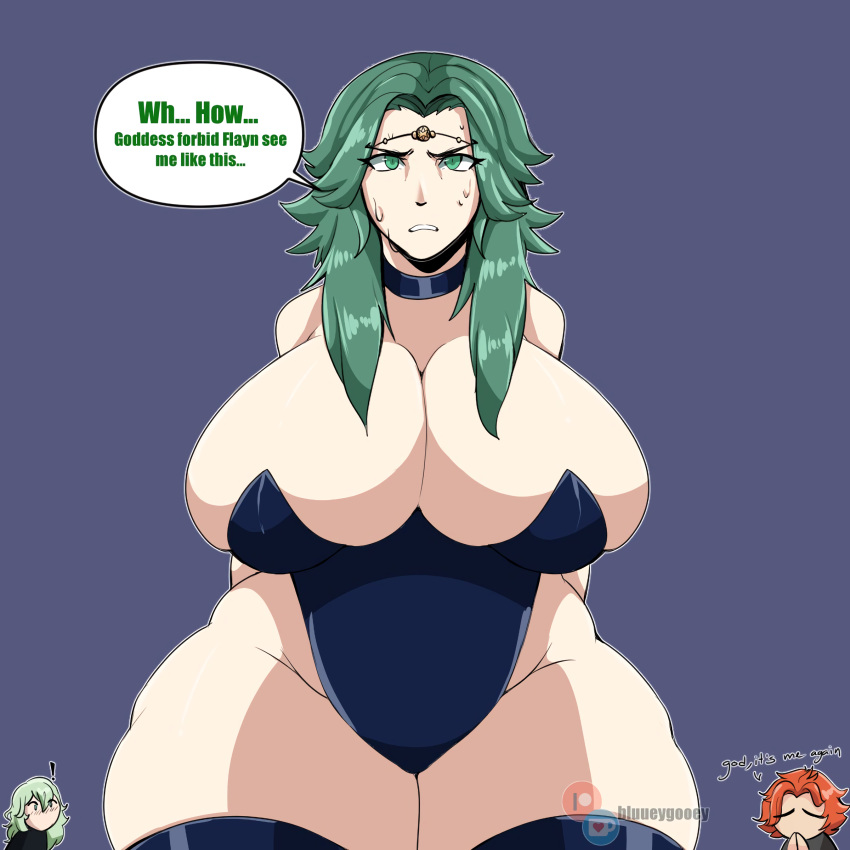 bluueygooey byleth_(fire_emblem) byleth_(fire_emblem)_(female) chunky cleavage embarrassed english_text fat_thighs fire_emblem fire_emblem:_three_houses green_hair hands_behind_back huge_breasts leotard nervous nintendo patreon red_hair rule_63 seteth_(fire_emblem) short_hair sylvain_jose_gautier tagme thick_thighs thunder_thighs venus_body voluptuous watermark wide_hips