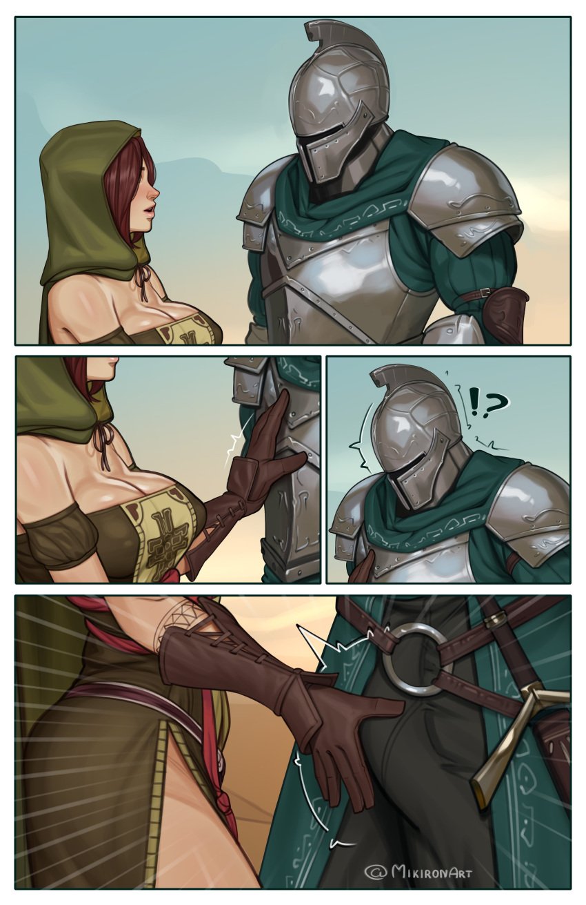 1boy 1girls absurdres bearer_of_the_curse big_breasts breasts bulge dark_souls dark_souls_2 emerald_herald erection_under_clothes female fromsoftware highres knight large_breasts male mikiron penis penis_under_clothes pussy straight