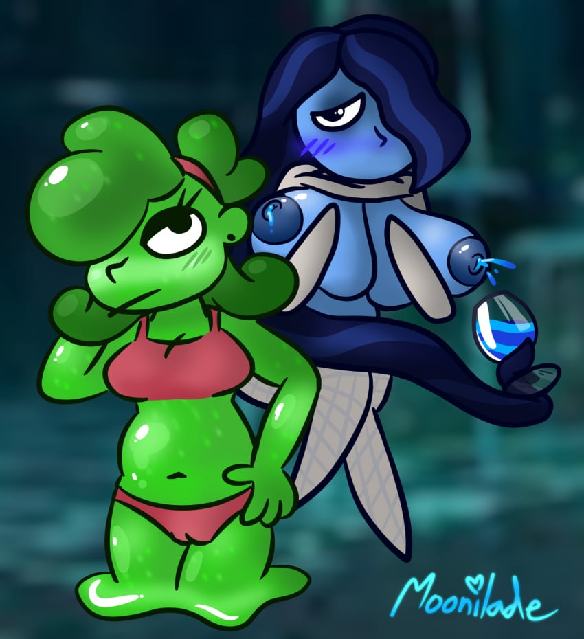 2girls apple_jelly banshee big_breasts blue_hair blue_skin bra breasts floating green_hair green_skin headband jelly lactating lactation miitopia moonilade one_eye_covered panties pussy_visible_through_clothes slime_girl sweater sweater_lift unusual_lactation very_long_hair