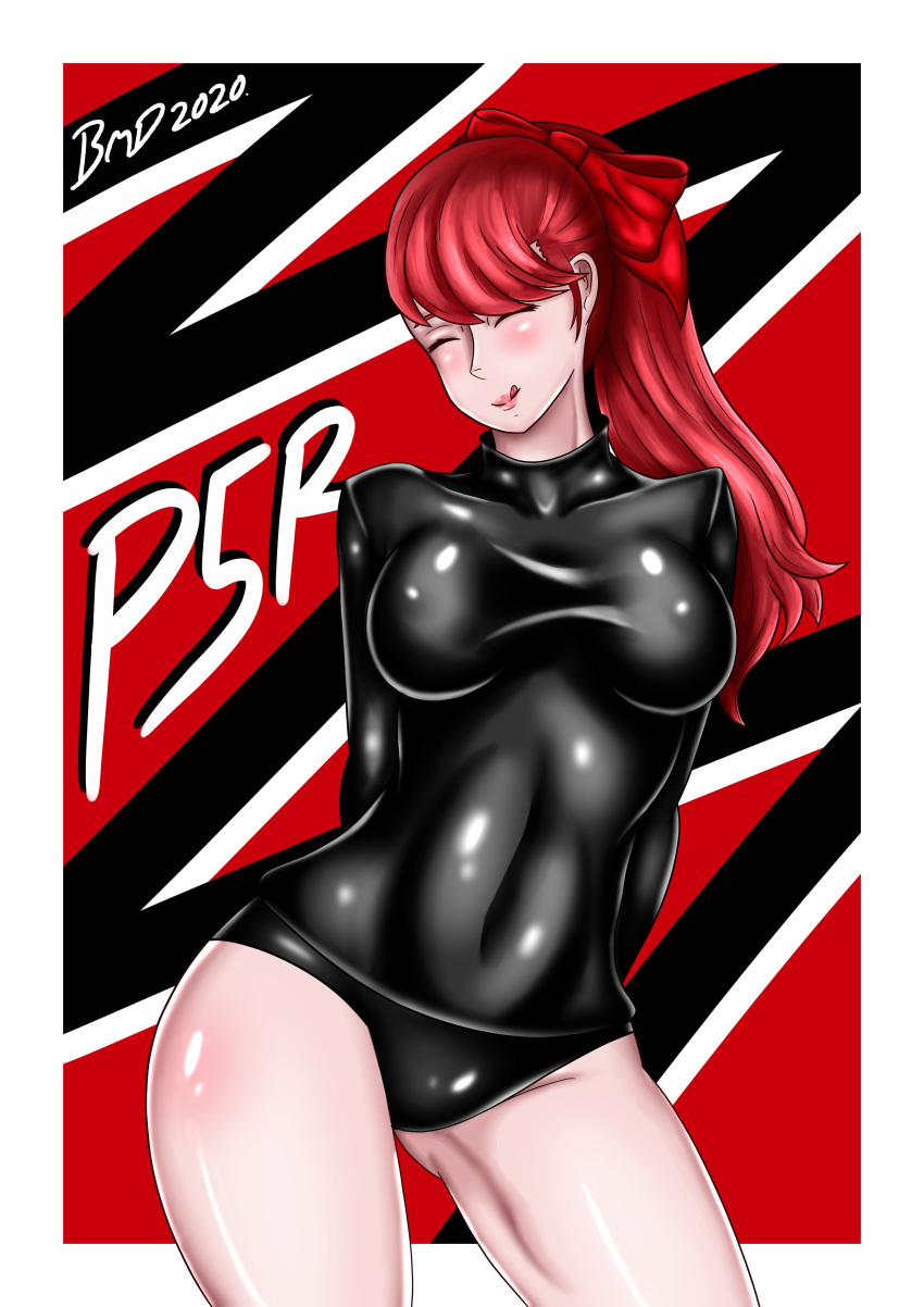 1girls atlus bare_thighs black_panties bmd18plus bmdraws closed_eyes kasumi_yoshizawa latex licking_lips long_hair medium_breasts megami_tensei panties persona persona_5 persona_5_royal ponytail red_hair smile solo solo_female sumire_yoshizawa tongue