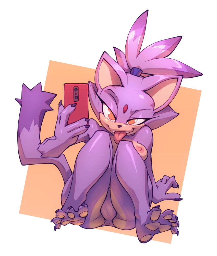 anthro ass barefoot bigdad blaze_the_cat breasts camel_toe clothed clothing domestic_cat feet felid feline felis female fur hi_res looking_at_viewer mammal nanojam nipples phone purple_body purple_fur soles solo sonic_(series) sonic_the_hedgehog_(series) toes tongue tongue_out topless underwear