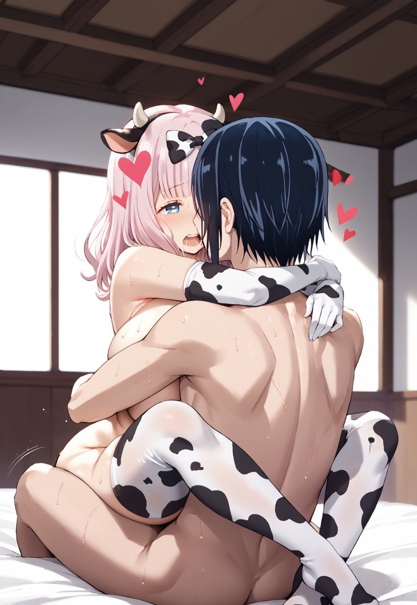 1boy 1girls ai_generated blue_eyes blush cow_ears cow_horns cow_print fujiwara_chika gloves huge_breasts hugging ishigami_yu kaguya-sama_wa_kokurasetai_~tensai-tachi_no_renai_zunousen~ leg_lock open_mouth pink_hair sitting_sex stockings