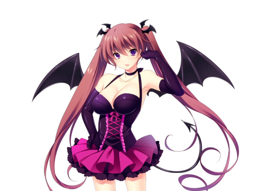 1girls armpits ayase_hazuki bare_shoulders black_wings breasts brown_hair cleavage demon_girl demon_tail elbow_gloves female_focus game_cg gloves grand_cru_bourgeois head_wings large_breasts legs long_hair looking_at_viewer nena_(nukidoki!) nukidoki! png simple_background skirt solo standing tail thighs transparent_background transparent_png twintails wings