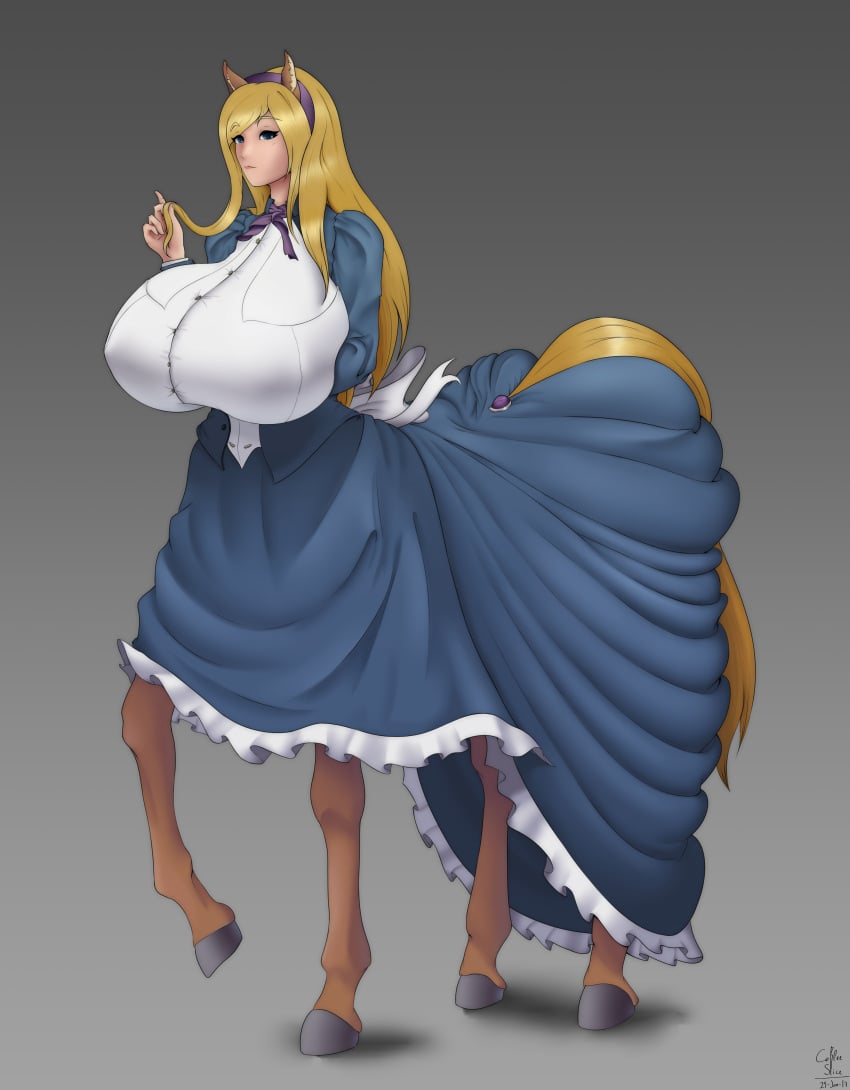 1girls absurdres blonde_hair blue_dress blue_eyes breasts centaur coffeeslice covered_erect_nipples dress gigantic_breasts highres horse_ears horse_tail huge_breasts monster_girl original original_character playing_with_hair taur