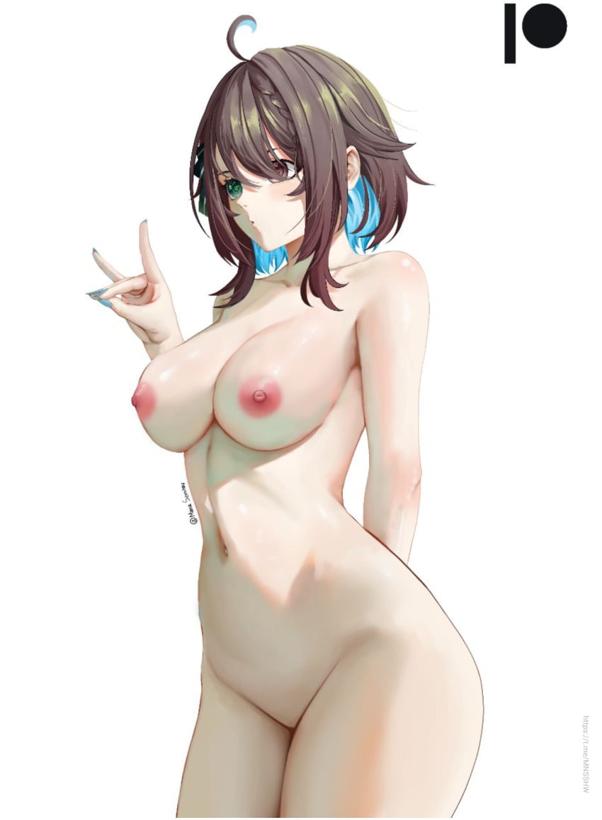 1girl ahoge aqua_nails arm_behind_back bangs black_nails blue_nails blush braid breasts brown_eyes brown_hair collarbone cowboy_shot fingernails green_nails groin hair_between_eyes hand_up heterochromia idol_corp large_breasts long_fingernails meica multicolored_hair multicolored_nails nail_polish navel nipples nude pink_nails purple_nails shiny shiny_skin short_hair sidelocks simple_background solo stomach thighs virtual_youtuber vtuber vtuberfanart white_background