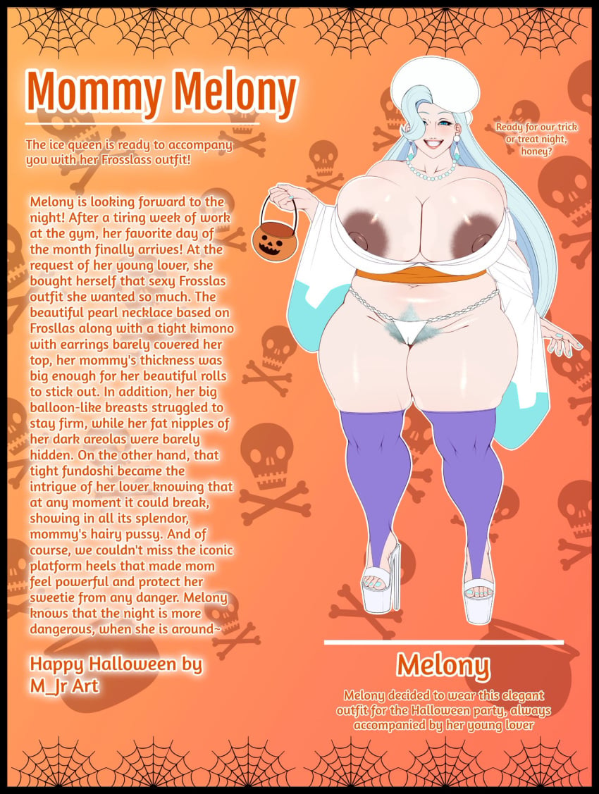 blue_eyes breasts curvy female fundoshi halloween highres huge_breasts huge_nipples japanese_clothes kimono long_hair m_jr1532 m_jr_art melony_(pokemon) plump pokemon pokemon_swsh pubic_hair reference_sheet smile standing