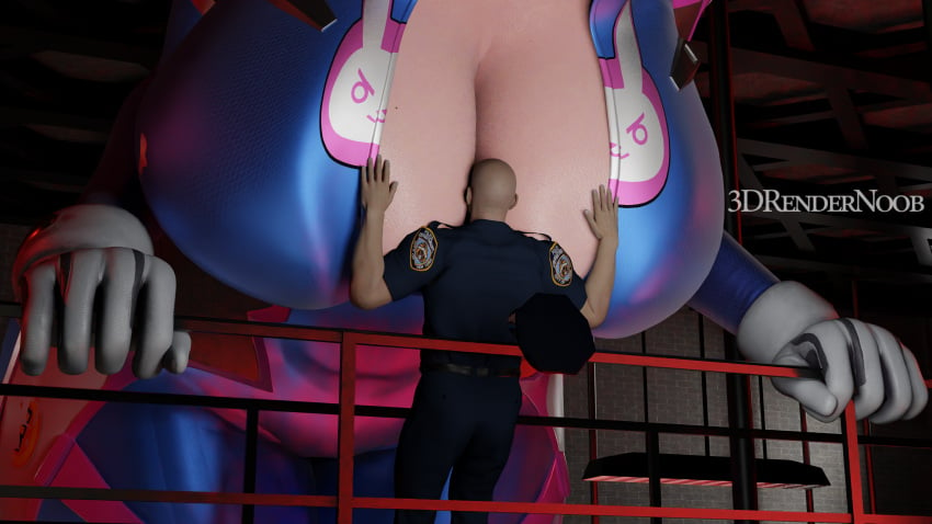 1boy 1girls 3d_(artwork) 3drendernoob blender_(software) breast_smother breasts_bigger_than_head cleavage cleavage_cutout d.va giantess hana_song huge_breasts overwatch police_uniform scrag_d.va video_game_character