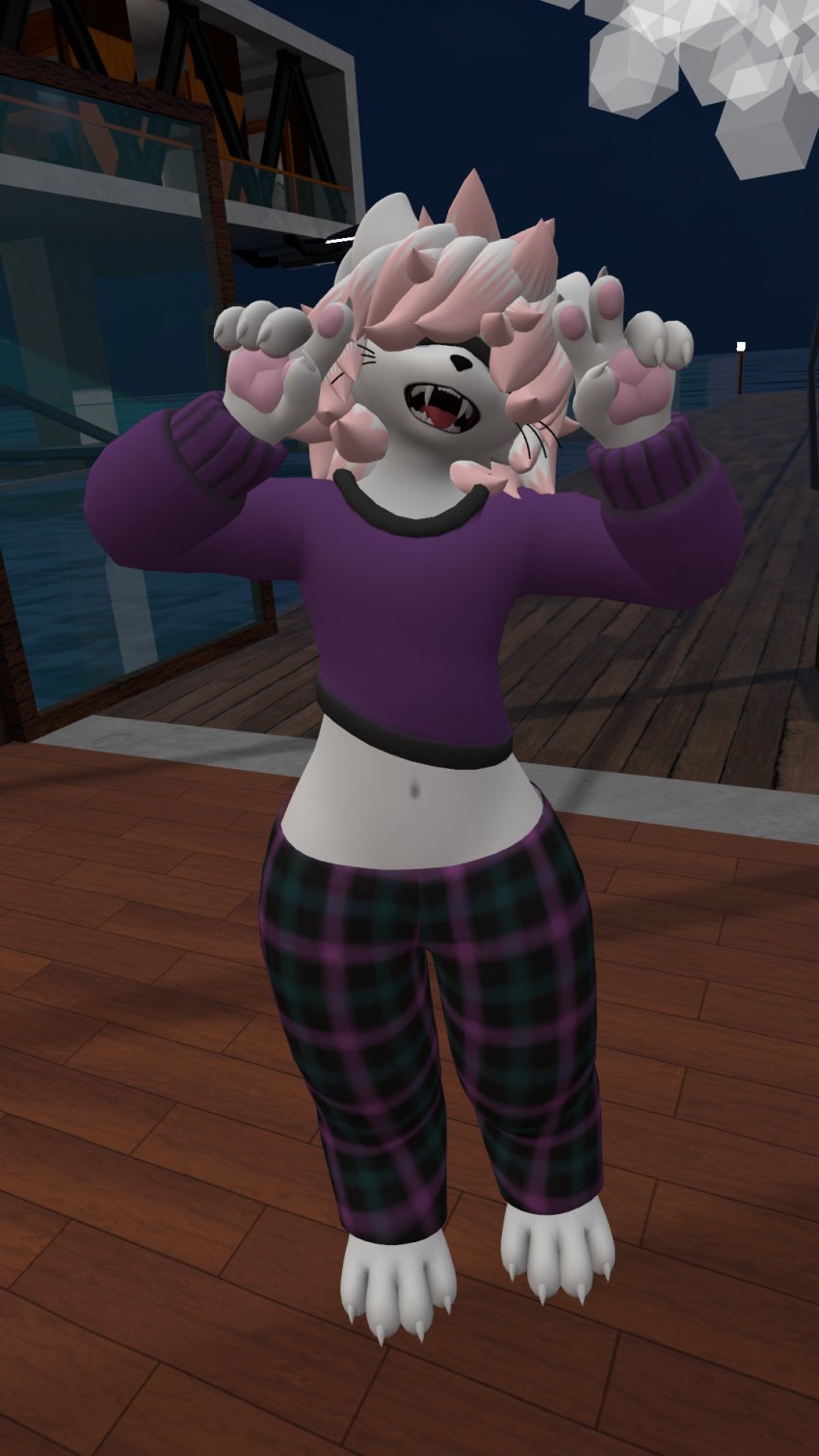 belly belly_button blindfold blindfolded claws fangs furry furry_only ocean pajama_pants pajamas toes tounge_out vrchat whiskers william_honaker