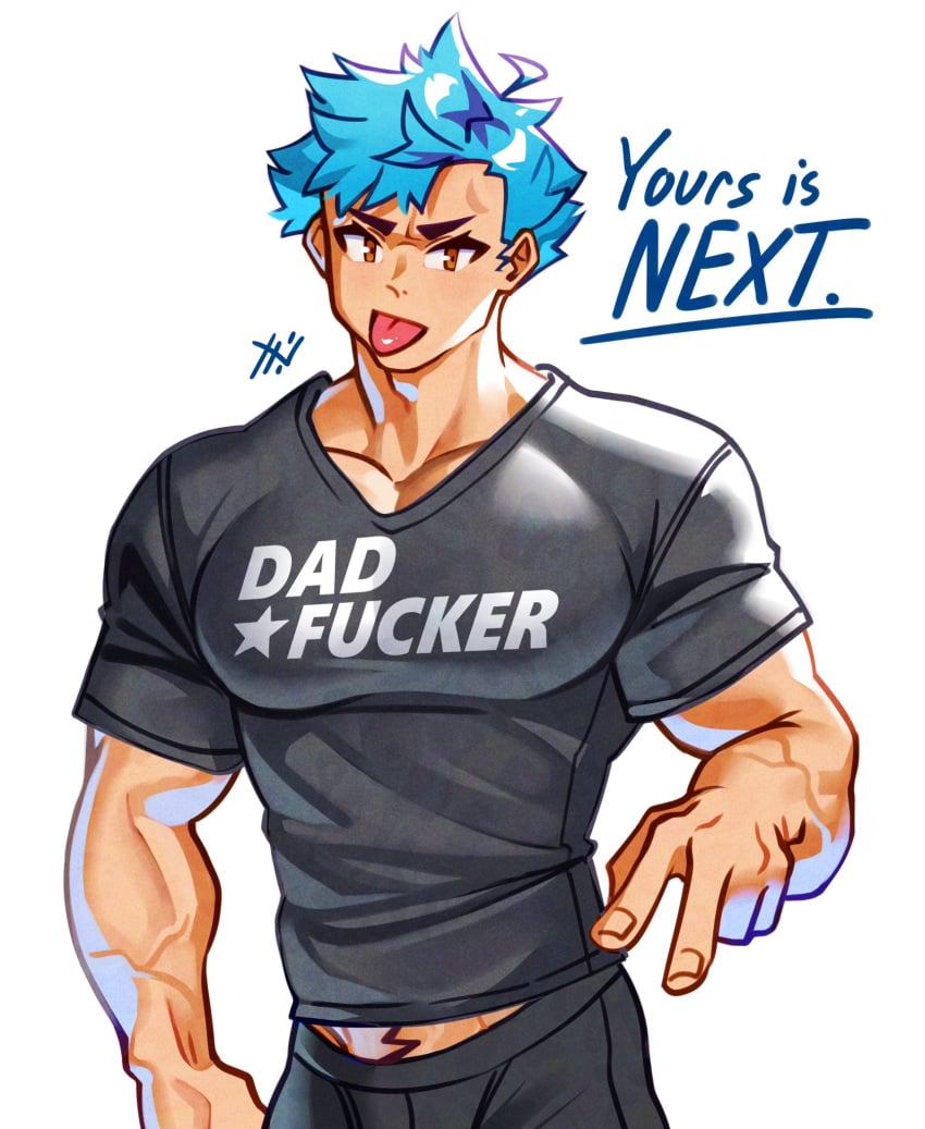 abs bara big_chest big_pecs black_shirt black_underwear blue_hair brown_eyes daddy_kink denbe_(sachuman) gay huge_chest huge_pecs male male_only muscular muscular_male oc pubic_hair sachuman text tongue_out underwear