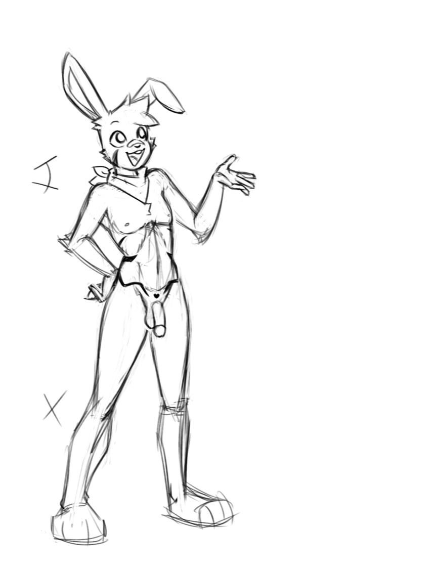 anthro dracozhilla femboy genitals hi_res kerchief lagomorph leporid male male_focus male_only mammal mostly_nude nude patreon penis rabbit sketch solo text url