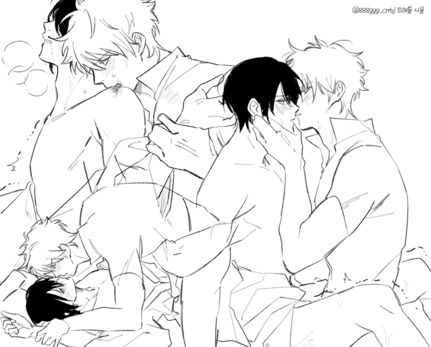 2boys blush breath gay gintama gintoki_sakata implied_anal implied_sex male male_only monochrome multiple_scenes oreno_gtk sketch sketch_page takasugi_shinsuke wrist_grab yaoi