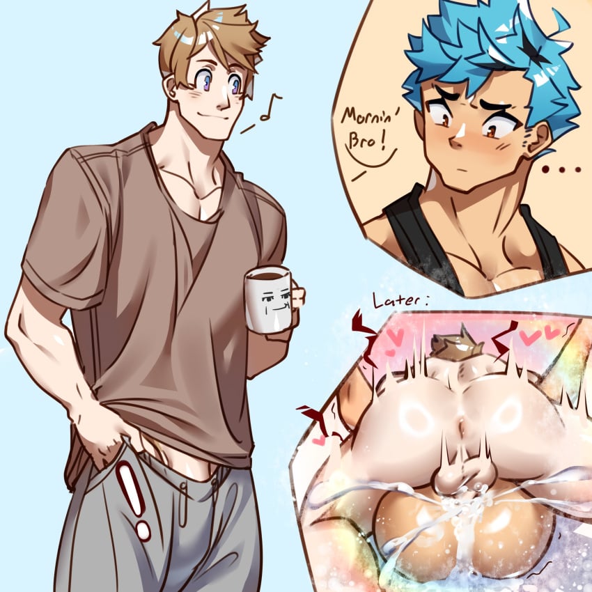 baggy_clothing bara big_ass big_penis blonde_hair blue_eyes blue_hair breeding brown_eyes cum cum_in_ass denbe_(sachuman) excessive_cum fat_ass huge_ass huge_cock impregnation instant_loss_2koma male male/male male_only male_pregnancy mating_press montaro_(sachuman) motion_lines mpreg muscular muscular_male overflowing_cum