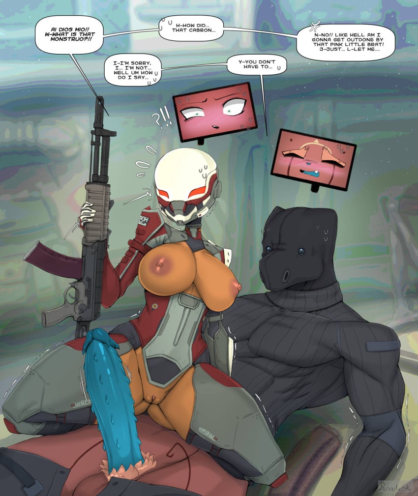 armored_female assault_rifle big_breasts big_thighs blue_penis comic comic_page comic_panel dark-skinned_female dark_skin dark_skinned_female exposed_breasts exposed_pussy male_and_female modern_combat_versus monster_cock monster_penis pubes roadiesky spiked_penis