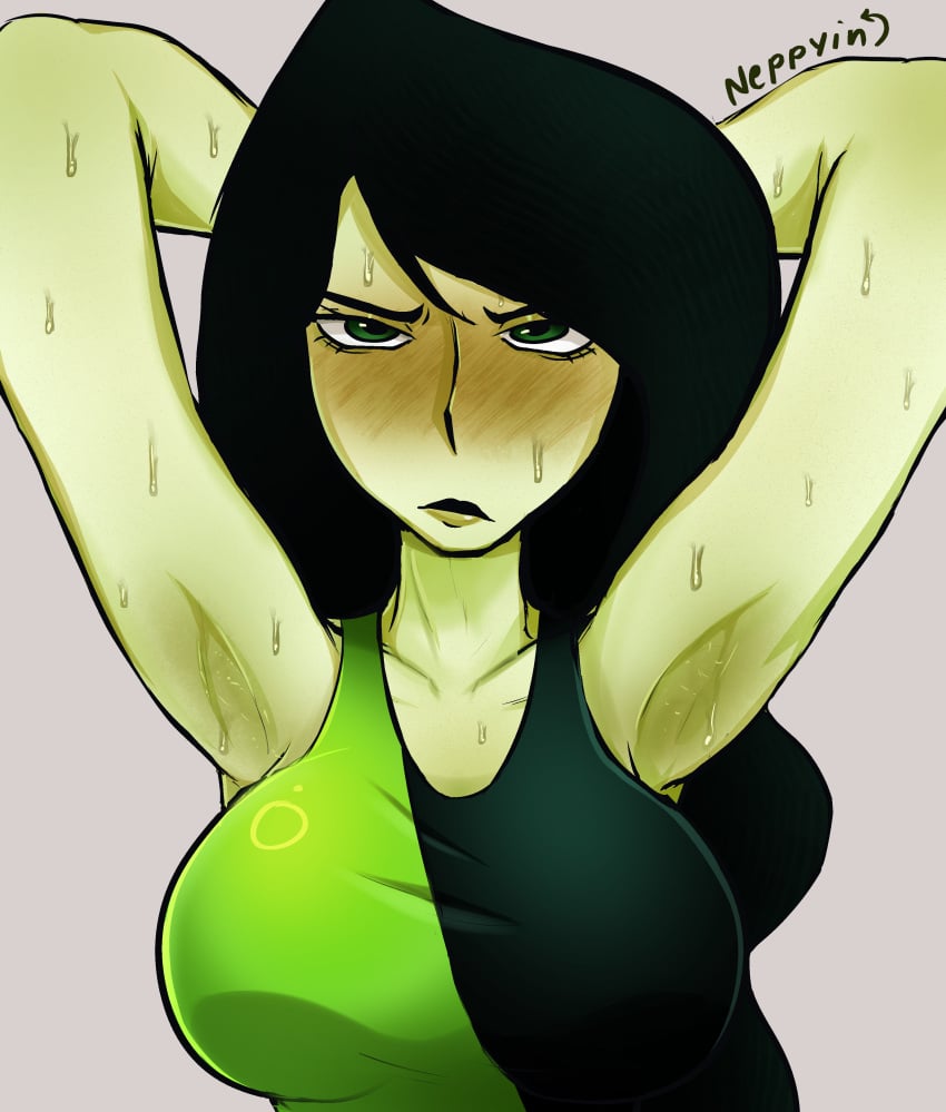 angry angry_expression angry_eyes angry_face armpit armpit_fetish armpits arms_behind_head arms_up black_hair black_lipstick blushing_at_viewer blushing_female breasts female female_focus female_only girl green_body green_eyes green_eyes_female green_skin green_skinned_female kim_possible neppyin no_genitals no_genitals_shown no_nudity request requested shego sole_female solo sweat sweatdrop sweating sweaty_body sweaty_breasts swimsuit villain wearing_clothes