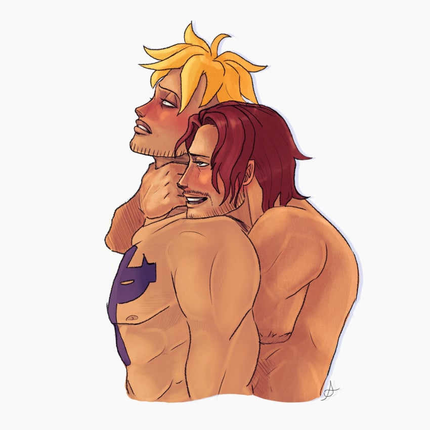 blonde_hair choking domination gay male/male marco_(one_piece) penetration red_hair shanks standing_sex surprised_face