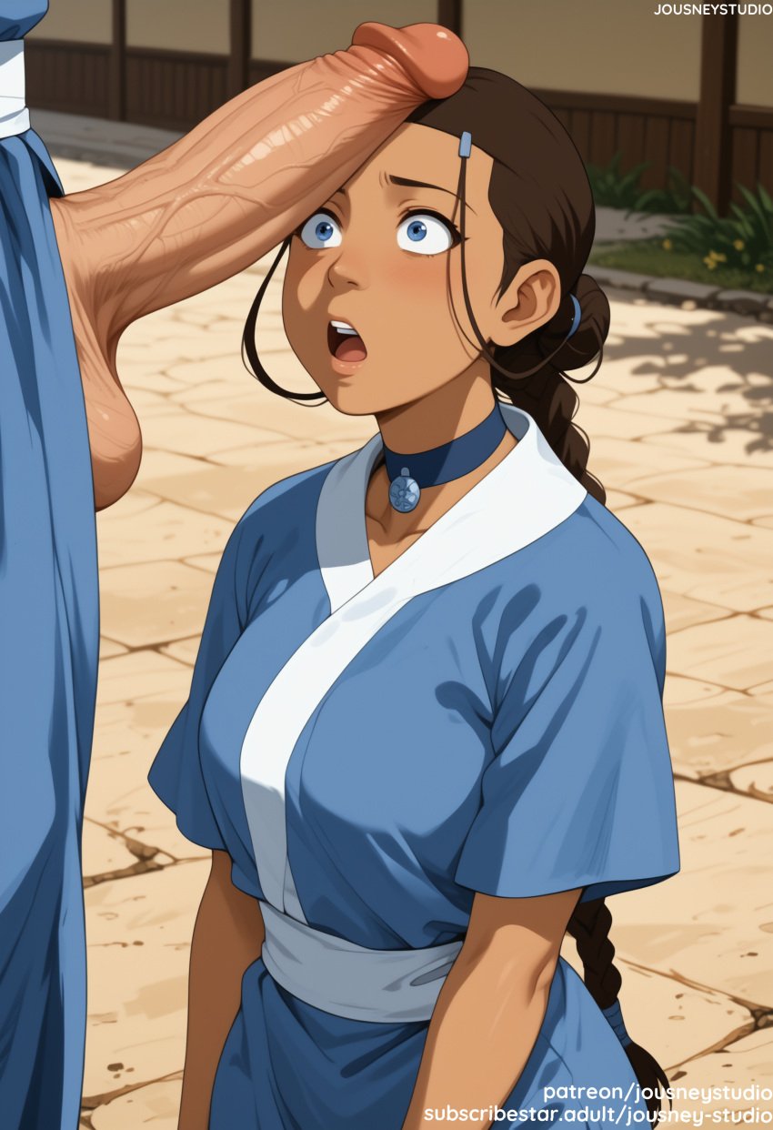 1boy aang ai_generated avatar_legends avatar_the_last_airbender bangs blue_dress blue_eyes blush braid braided_ponytail breasts brown_hair choker clothing dark-skinned_female dark_skin dress erection female hair_ornament hairclip huge_cock jousneystudio katara korra large_breasts large_penis light_skin long_braid long_hair looking_at_penis looking_at_viewer looking_up male nickelodeon nicktoons open_mouth outdoors penis penis_awe penis_on_face ponytail short_sleeves single_braid solo_focus standing straight surprised teeth testicles tied_hair traditional_clothes uncensored upper_teeth_only veins veiny_penis very_long_hair wide-eyed