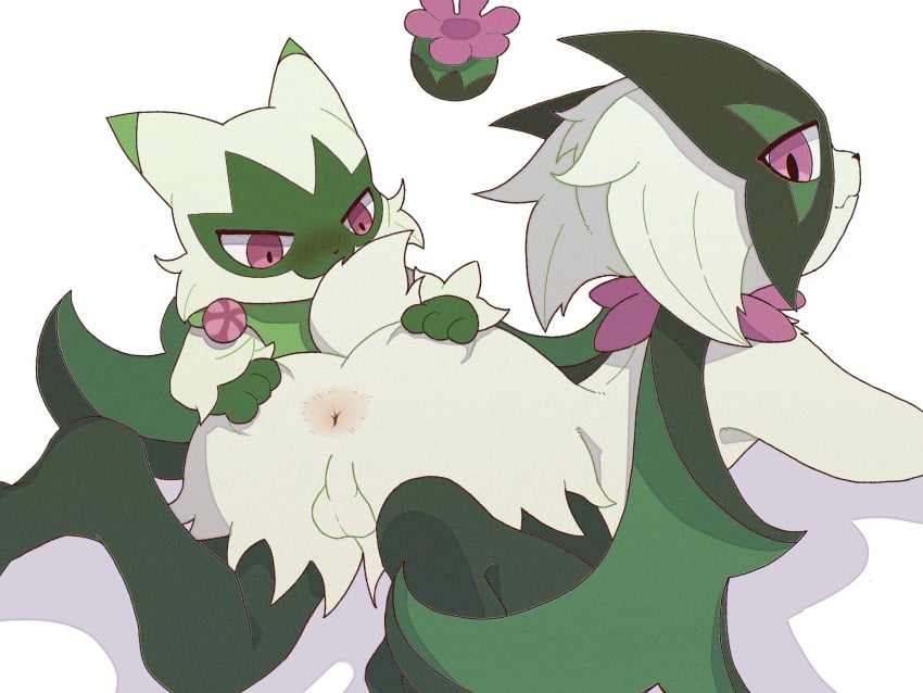 3_fingers ambiguous_anthro ambiguous_gender ambiguous_on_anthro anthro anus ass balls biped black_nose blush blush_lines butt_grab cape clothing dipstick_ears duo ear_markings facial_markings felid feline fingers floragato frill_(anatomy) fur generation_9_pokemon genitals green_balls green_body green_cape green_clothing green_ear_tips green_fur green_tail guillotine_rabbit hand_on_another's_butt hand_on_butt head_markings hi_res looking_at_butt looking_back lying male male/ambiguous male_anthro mammal markings mask mask_(marking) meowscarada multicolored_ears nintendo on_front paws pink_eyes pokemon pokemon_(species) scut_tail short_tail simple_background spread_butt spreading tail wearing_mask white_background