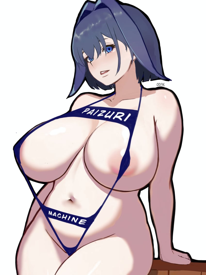 1girls areolae barely_clothed big_breasts big_breasts blue_hair dark_blue_hair hololive huge_breasts huge_breasts light-skinned_female ouro_kronii qone sling_bikini standing swimsuit text vtuber