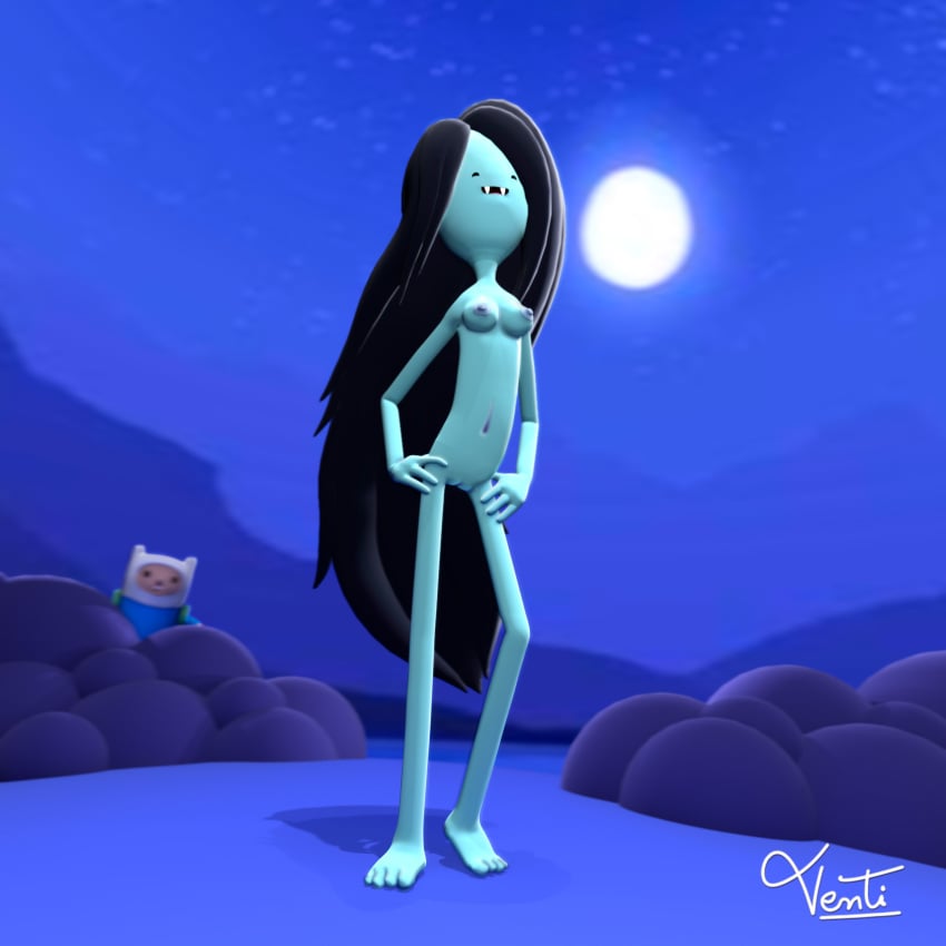 1boy 1girl 3d adventure_time barefoot black_hair breasts casual_exposure casual_nudity clothed_male_nude_female finn_the_human full_moon hands_on_hips long_hair marceline multiversus night nude nude_female nudism nudist watching