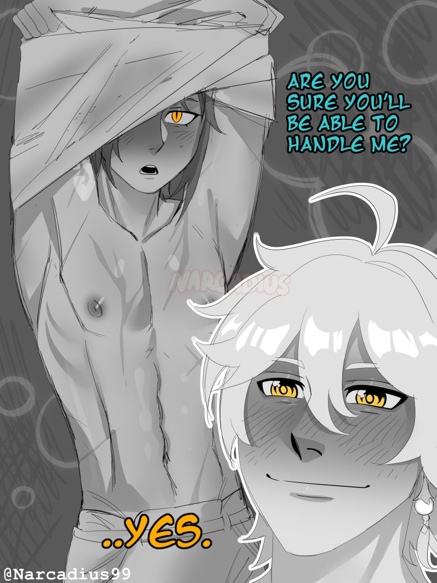 2boys abs aether_(genshin_impact) blush comic comic_panel earring gay genshin_impact glistening male/male male_only muscular muscular_male narcadius orange_eyes scars scars_all_over taking_clothes_off text undressing wholesome xiao_(genshin_impact) yaoi yellow_eyes