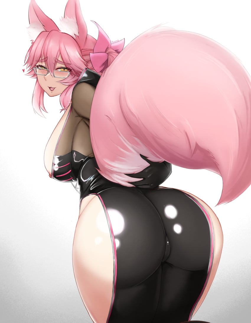 :3 animal_ears artist_request ass blush bodysuit bow breasts cameltoe come_hither fate/grand_order fate_(series) female fox_ears fox_tail from_behind glasses hairbow highres hip_vent huge_ass koyanskaya_(fate) large_breasts long_hair looking_at_viewer looking_back naughty_face nip_slip nipples pink_hair ponytail razorbelyy_(animaataraxia) shiny_clothes shiny_skin sideboob smile solo tail tamamo_(fate) thick_thighs thighs visible_nipples yellow_eyes