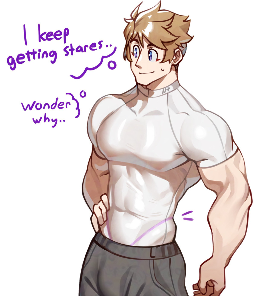 bara big_chest big_pecs blonde_hair blue_eyes compression_shirt g-string gay huge_chest huge_pecs male male_only montaro_(sachuman) muscular muscular_male oc sachuman text thought_bubble translucent_clothing underwear_visible_through_clothing