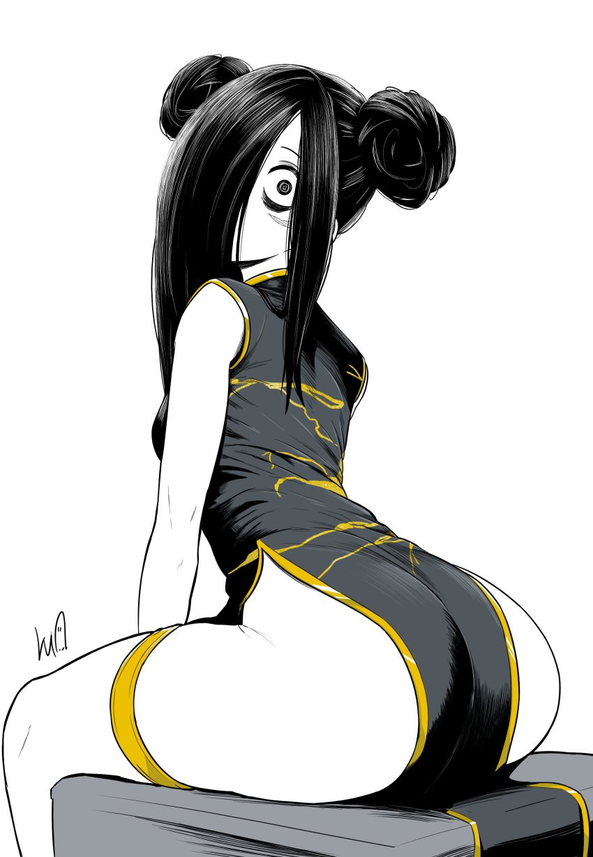 1girls ass black_hair china_dress chinese_clothes double_bun dress female female_only hair_bun hair_over_one_eye huge_ass long_hair looking_at_viewer lughost pelvic_curtain qipao sitting wide_eyed yamamura_sadako