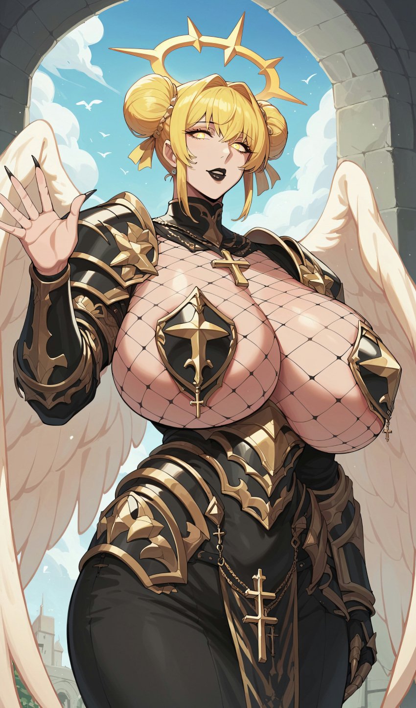 1girls absurd_res absurd_resolution absurdres ai_generated angel angel_girl angel_wings armor armored armored_female armored_glove armored_gloves big_breasts black_armor black_fingernails black_lips black_lipstick black_nail_polish black_nails blonde_female blonde_hair blonde_hair blonde_hair_female breasts breasts_bigger_than_head breasts_bigger_than_torso clothed clothed_female clothing cloud clouds covered_nipples cross cross_necklace day daytime female female_focus female_only fingernails fishnet fishnet_topwear fishnets giant_breasts gigantic_breasts glowing_eyes gold gold_eyes gold_trim hair_buns halo hi_res hidden_nipples high_resolution highres huge_breasts large_female lips lipstick long_fingernails long_nails looking_at_viewer massive_breasts necklace neckwear nipple_armor nipple_covers religion sharp_fingernails sharp_nails shoulder_armor sky smile smiling smiling_at_viewer sole_female solo solo_female solo_focus tall_female thee_voiid voluptuous voluptuous_female wave waving waving_at_viewer wings wings_on_back yellow_eyes yellow_hair