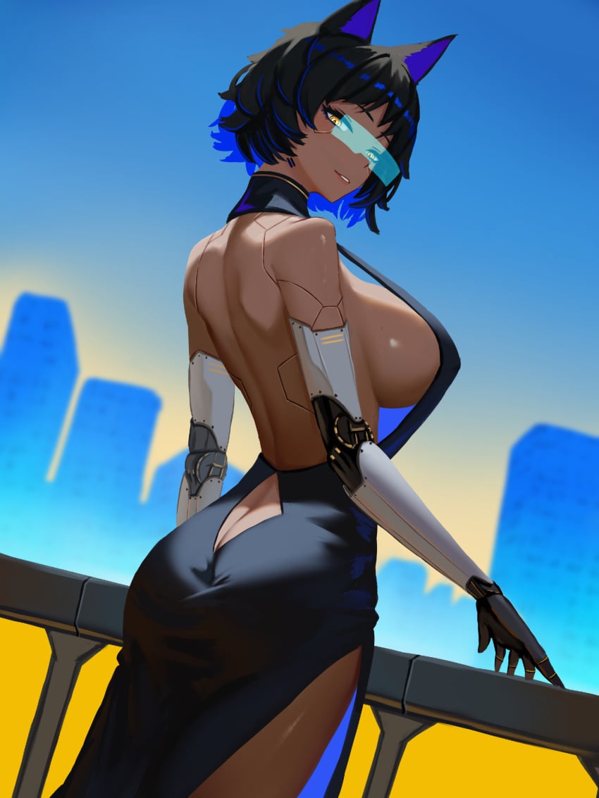 1girls adult adult_female animal_ear_fluff animal_ears areola_bulge ass ass_cleavage back backless_clothes backless_dress backless_outfit black_clothes black_dress black_hair black_hair_female black_outfit black_topwear blue_background blue_hair blue_hair_female blue_sky breasts brown-skinned_female brown_skin brown_skinned_female busty busty_female busty_girl butt_crack butt_crack_outline camille_rhodes_(yan_kodiac) cat_ears clothes day daylight daytime dot_nose dress elbows female female_focus female_only fingers gradient_background grin high_resolution highres hourglass_figure large_breasts lean_body lean_figure legs lips looking_at_viewer looking_back looking_back_at_viewer looking_down looking_down_at_viewer mature mature_female medium_hair multicolored_hair narrow_waist nipple_bulge original original_art original_artwork original_character outdoor outdoors outfit outside shiny_breasts shiny_hair shiny_shoulders shiny_skin short_hair shoulders sideboob sky slender_body slender_waist slim_girl slim_waist smile smiley_face smiling smiling_at_viewer smirk smooth_skin solo standing thick_ass thick_thighs thighs thin_waist topwear upper_body wide_hips yan_kodiac yellow_eyes yellow_eyes_female