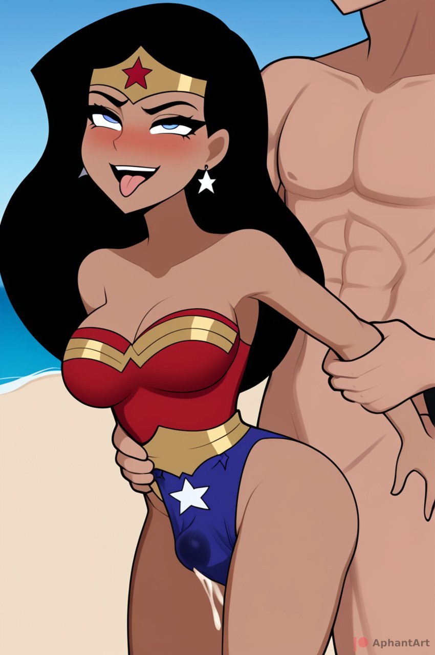 ai_generated arms_behind_back eyes_rolled_back eyes_rolling_back leotard looking_pleasured penis_in_panties thigh_sex thighsex tongue_out wonder_woman