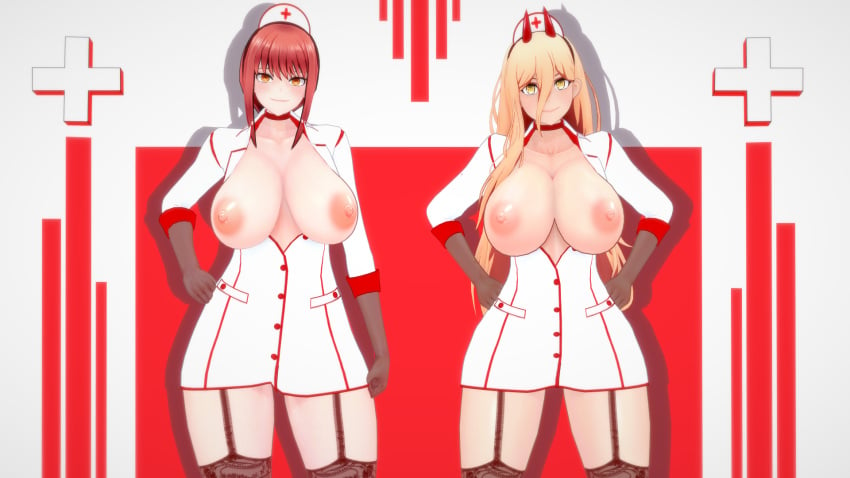 2girls 3d blonde_hair chainsaw_man female_only gloves horns huge_breasts koikatsu large_areolae makima_(chainsaw_man) mike_oxlong nipples nurse_cap nurse_uniform power_(chainsaw_man) red_hair stockings unusual_pupils yellow_eyes