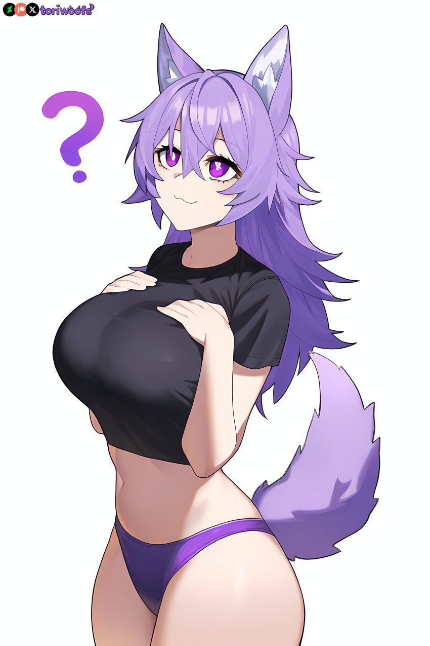 1girls :3 ai_generated big_breasts big_breasts breasts breasts breasts breasts curvy cute dog_ears dog_girl doggirl female female female_focus female_only highres hips huge_boobs huge_breasts kemonomimi light_skin light_skinned_female long_hair panties patreon_username petgirl petite purple_ears purple_eyes purple_hair purple_tail self_upload sports_bra thick_thighs thighs tori toriwoofs watermark wavy_hair white_background white_skin white_skinned_female wide_hips wolf_ears