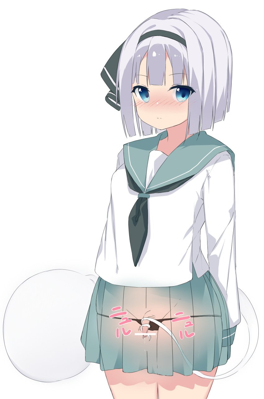 1futa bar_censor blue_eyes blush censored cum futanari hi_res highres japanese_text masturbation micropenis namamumu skirt small_penis stealth_masturbation touhou uniform white_hair x-ray youmu_konpaku