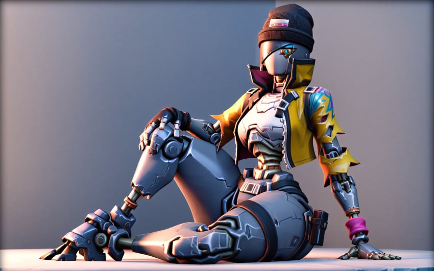 ai_generated big_thighs black_beanie fortnite pantless rebel_(fortnite) robot sitting yellow_jacket zabcdefg