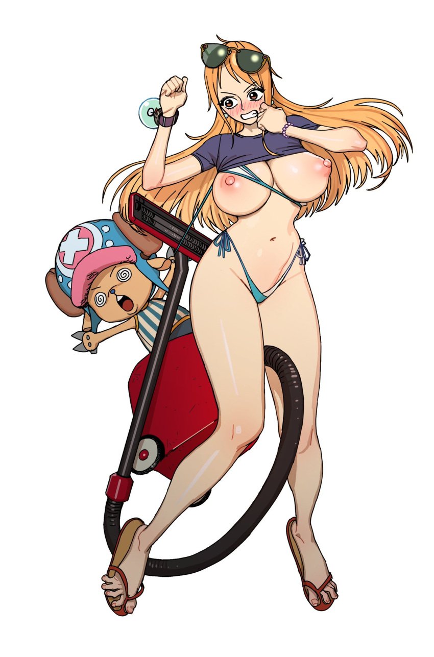 bare_arms bare_breasts bare_legs bare_shoulders bare_thighs big_breasts bikini bikini_bottom bikini_top blush color embarrassed female furry hi_res horns large_breasts light-skinned_female light_skin long_hair male nami nami_(one_piece) nipples one_piece orange_eyes orange_hair shounen_jump tagme thick_thighs tony_tony_chopper yanolza01