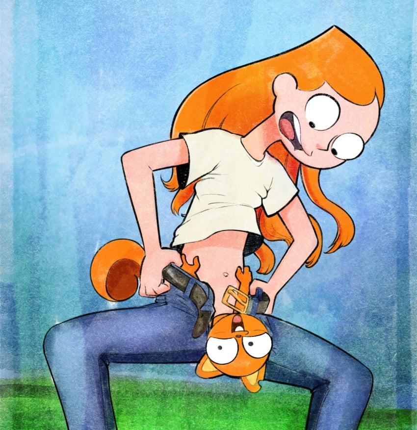 2girls anthro candace_flynn crossover d-rock drockdraw drx duo eyelashes female jeans kiff_(series) kiff_chatterley looking_down open_mouth orange_fur orange_hair phineas_and_ferb squirrel surprised surprised_expression unzipped unzipped_pants