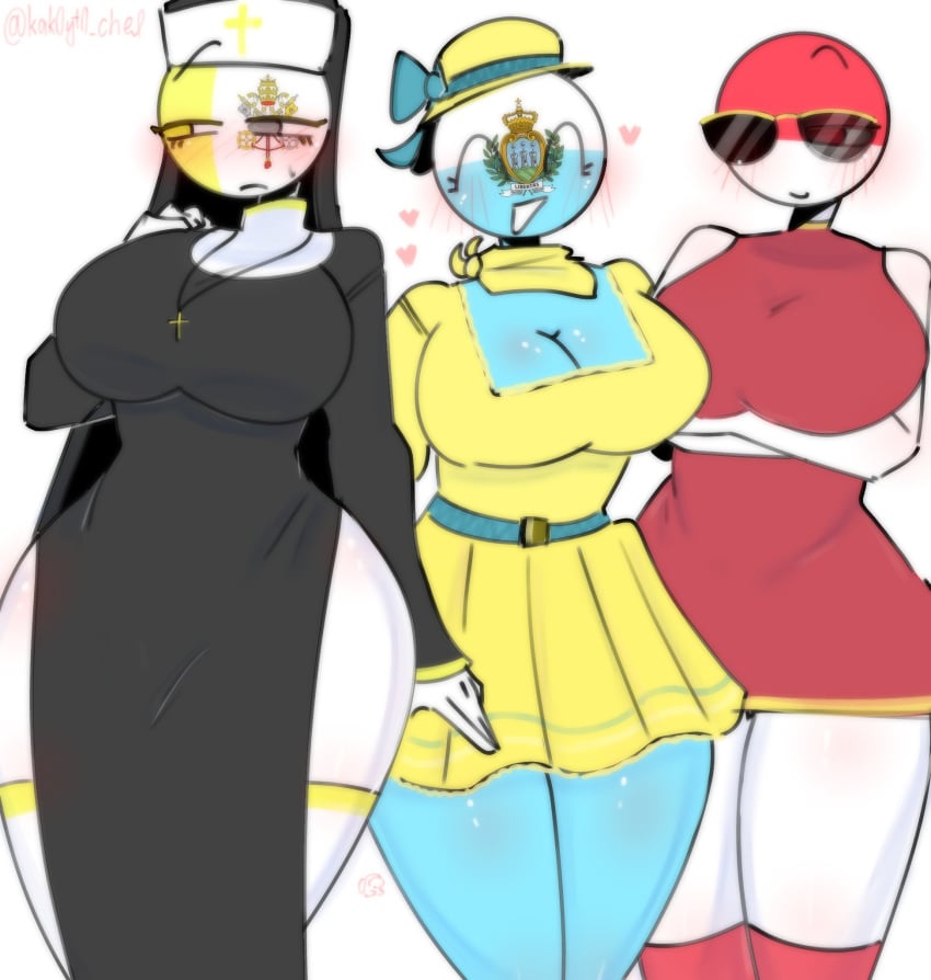 3females 3girls :d amogus_reference artist_name artist_signature big_ass big_breasts big_breasts big_butt black_clothes black_clothing blue_belt blue_body blue_skin blue_skinned_female blush blush blush_lines blushing_female catholic_female christian_cross countryhumans countryhumans_girl curvy curvy_body curvy_female cyan_body cyan_skin cyan_skinned_female female_focus female_only gray_eye gray_pupil heart hearts_around_head huge_boobs huge_breasts kak0yt0_chel monaco_(countryhumans) nun nun_hat nun_outfit red_clothes red_clothing red_eye red_eyes red_eyes_female red_pupils red_socks religious religious_clothing san_marino_(countryhumans) sunglasses thick thick_legs thick_thighs twitter twitter_link twitter_username vatican_city_(countryhumans) white_background white_body white_skin white_skinned_female white_socks yellow_clothes yellow_clothing yellow_eye yellow_hat yellow_pupil