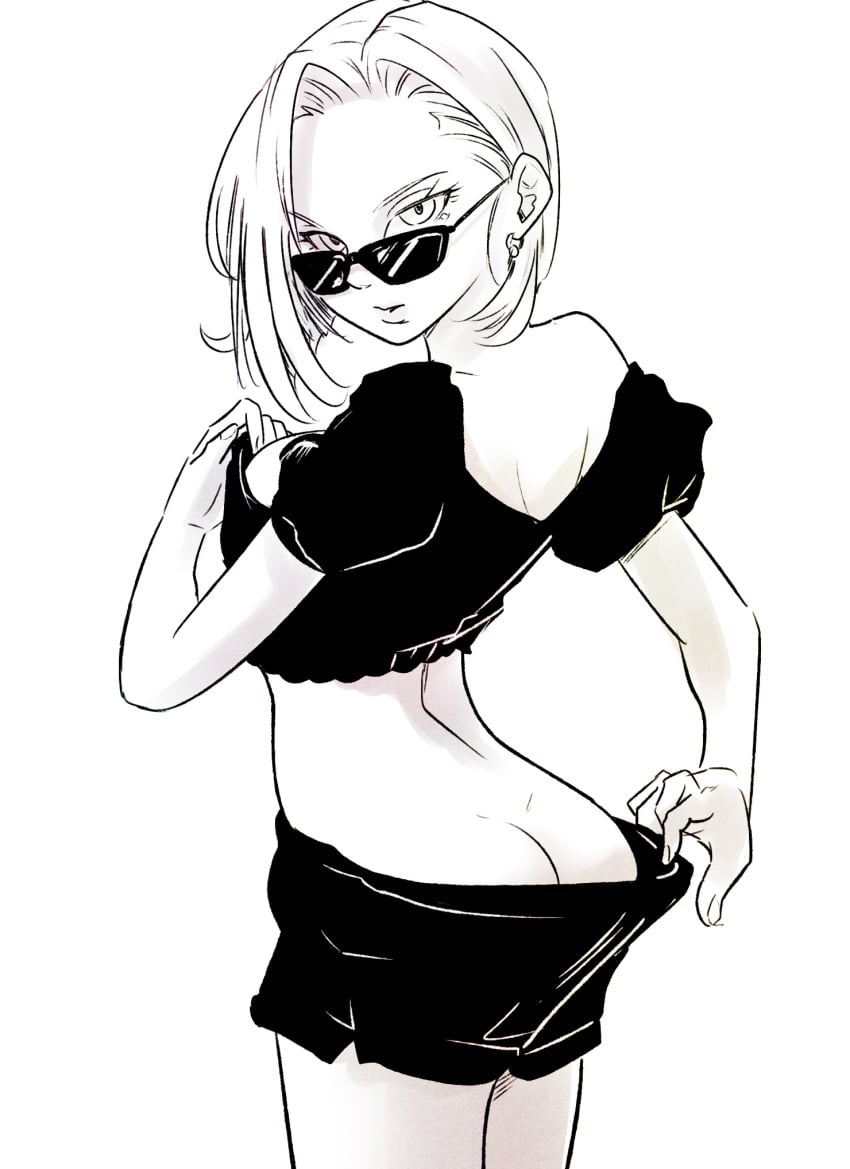 android_18 ass crop_top dragon_ball dragon_ball_z female looking_over_eyewear looking_over_sunglasses pink_mousse pulling_clothing shorts sunglasses tinted_eyewear