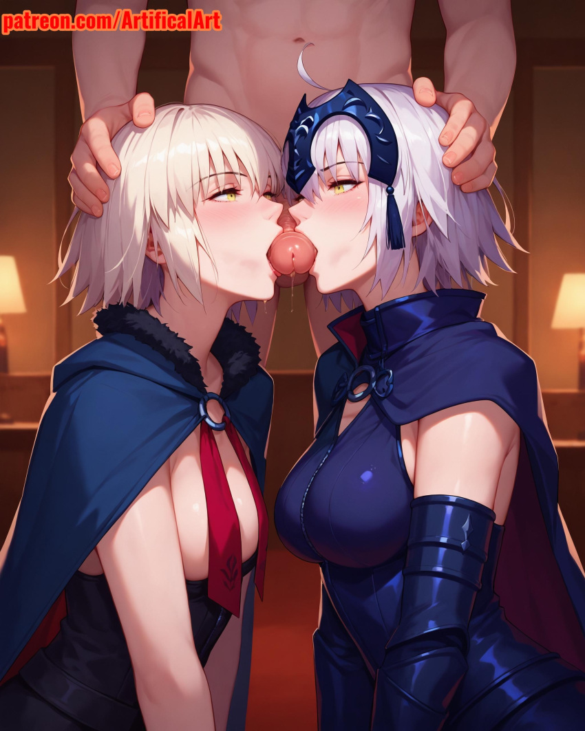 1boy 2girls ai_generated artifical_art blonde_hair blowjob blowjob_face blush double_blowjob fate/grand_order fate/stay_night fate/zero fate_(series) group_sex jeanne_alter jeanne_d'arc_(fate) jeanne_d'arc_(fate)_(all) jeanne_d'arc_alter_(fate) licking_penis oral oral_sex perfect_body sucking_penis touching_hands yellow_eyes