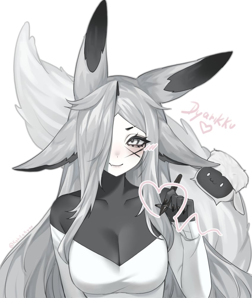 animal_ears artist_name bare_shoulders blush breasts bunny_ears cleavage closed_mouth dya_rikku_(vtuber) female furry greyscale hair_over_one_eye heart large_breasts long_hair looking_at_viewer monochrome smile solo striped striped_shirt upper_body vertical_stripes vyugen white_background