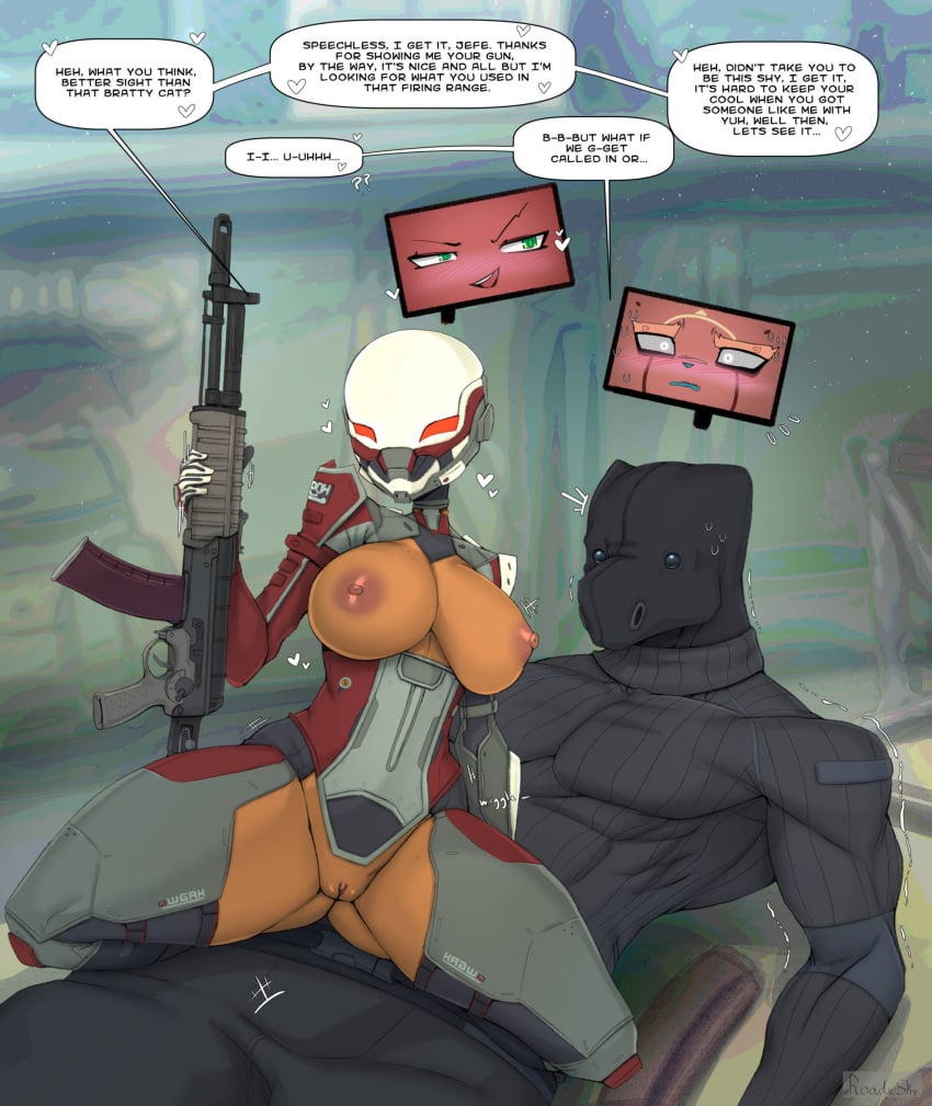 armored_female assault_rifle big_breasts big_thighs comic comic_page comic_panel dark-skinned_female dark_skin dark_skinned_female exposed_breasts exposed_pussy male_and_female modern_combat_versus roadiesky