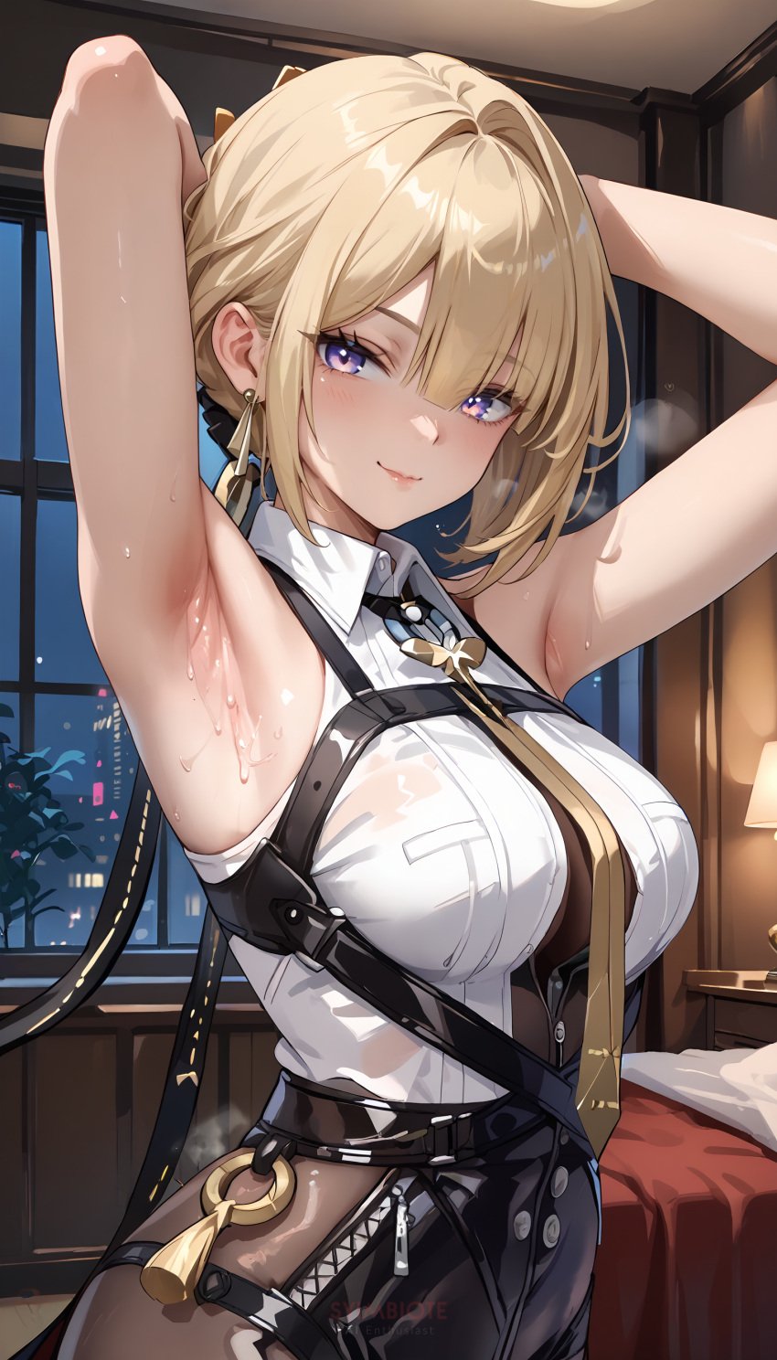 ai_generated armpits blonde_hair evelyn_chevalier syimbioteai zenless_zone_zero